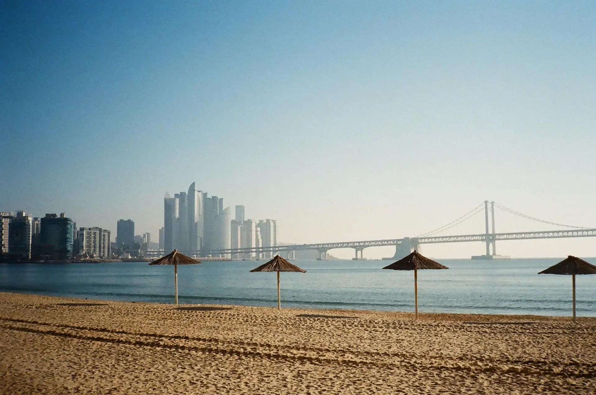 a beach with umbrellas and a bridge in the background